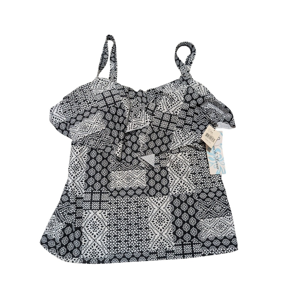 Beach Diva Womens Plus 18W Tankini Top Black White Geometric Ruffle Swimwear NEW